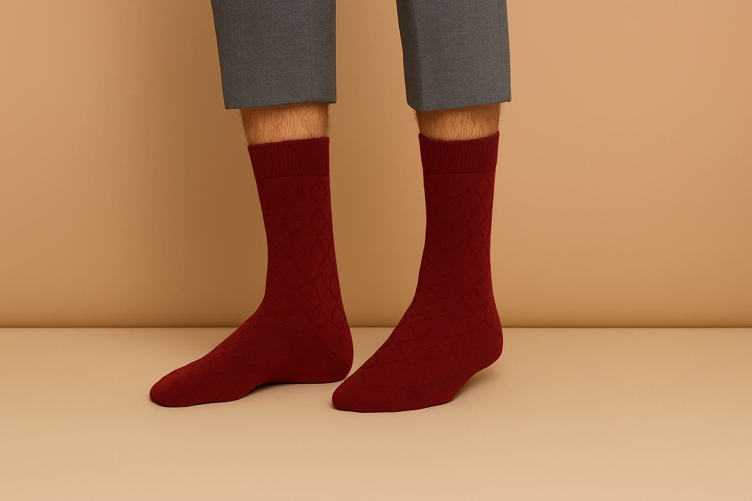 Red socks worn with gray pants against a beige background