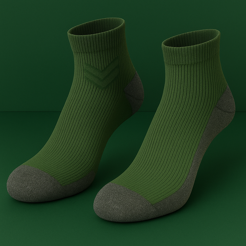 Pair of green socks with gray toes and heels on a dark green background