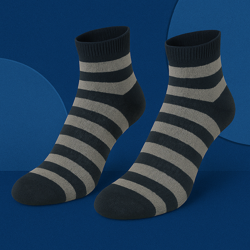 Black and gray striped socks on a blue background