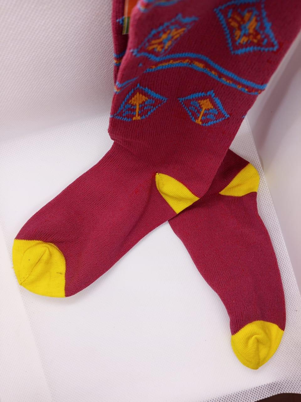 Maroon low-cut socks with yellow toe and heel and geometric pattern from Trainers Feet on a white background.